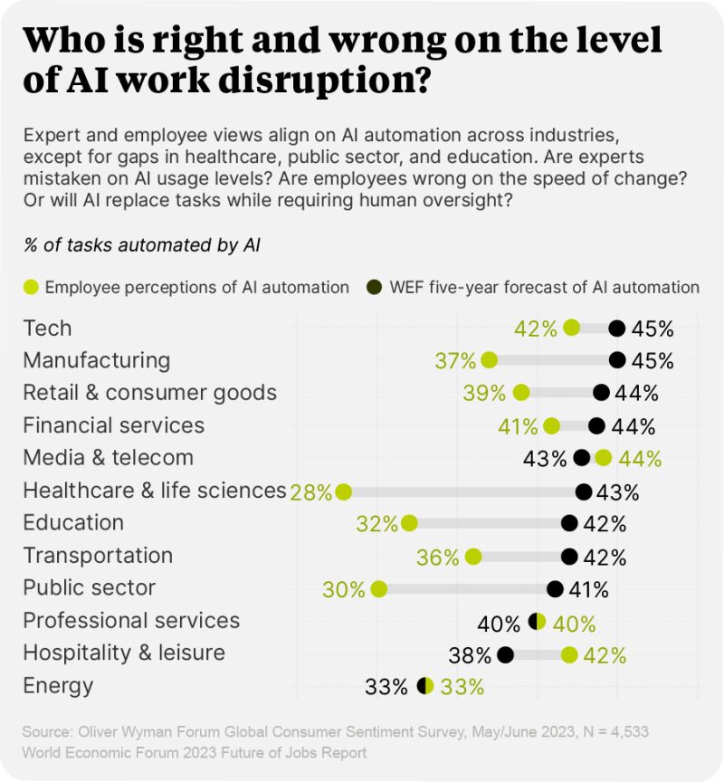 Expert and employee views on AI automation align across industries except in healthcare, the public sector, and education.