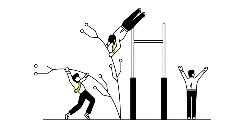 Businessmen vaulting over a high bar