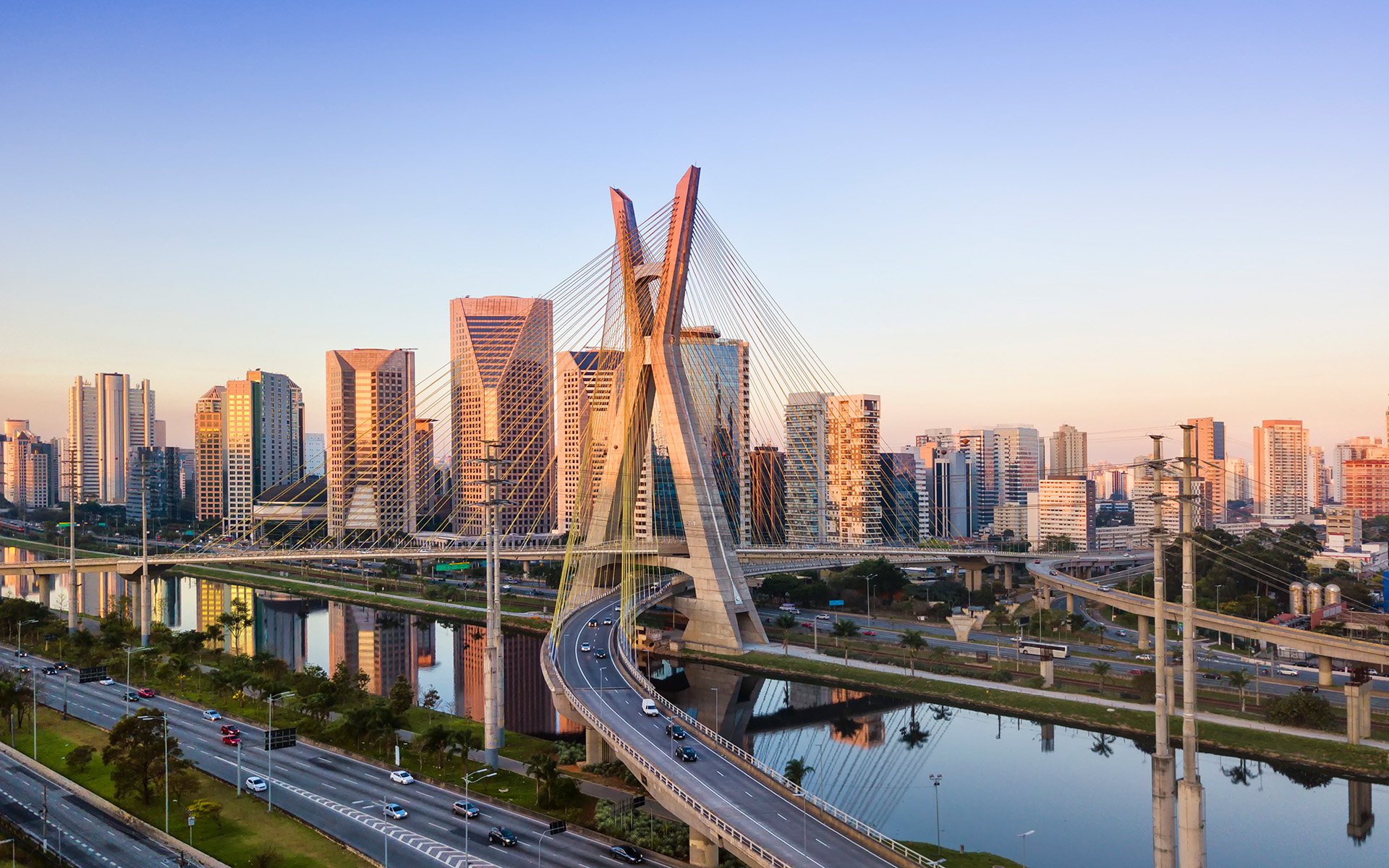 Sao Paulo's Octavio Frias de Oliveira bridge and city skyline.