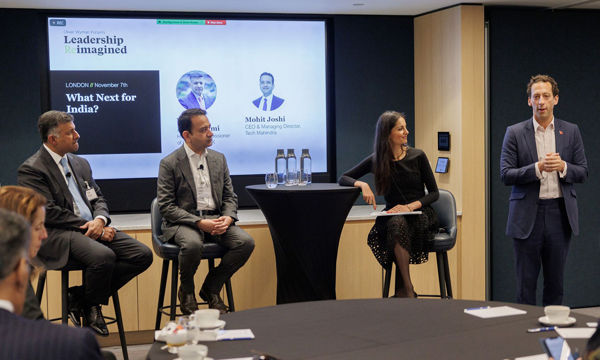 Discussing India's outlook with, from left, High Commissioner to the UK Vikram Doraiswami, Tech Mahindra CEO Mohit Joshi, and the Oliver Wyman Forum's Rupal Kantaria and John Romeo.